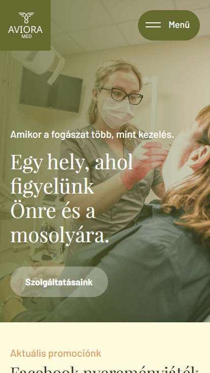 Fogászati rendelő weboldal kezdőlapja - Aviora Med letisztult megjelenéssel