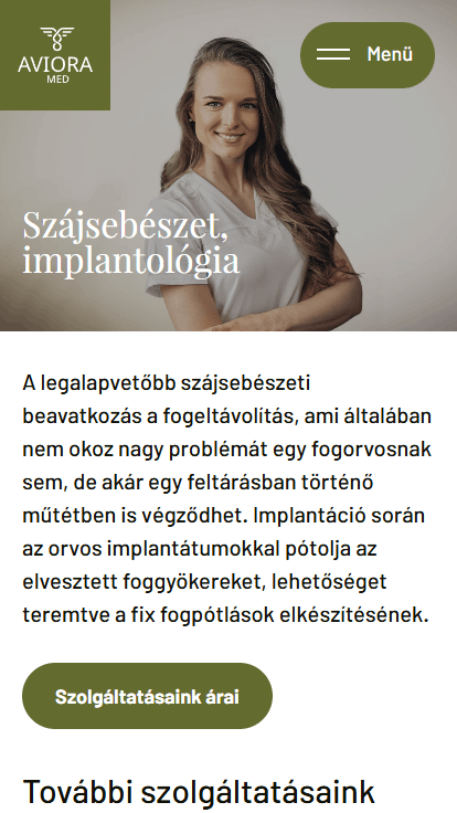 Fogászati rendelő szolgáltatásainak bemutatása az Aviora Med weboldalán