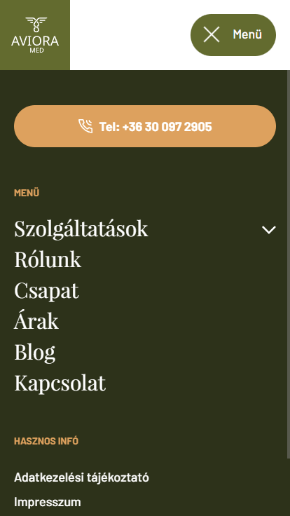Fogászati rendelő reszponzív menüje mobilnézetben - Aviora Med weboldal